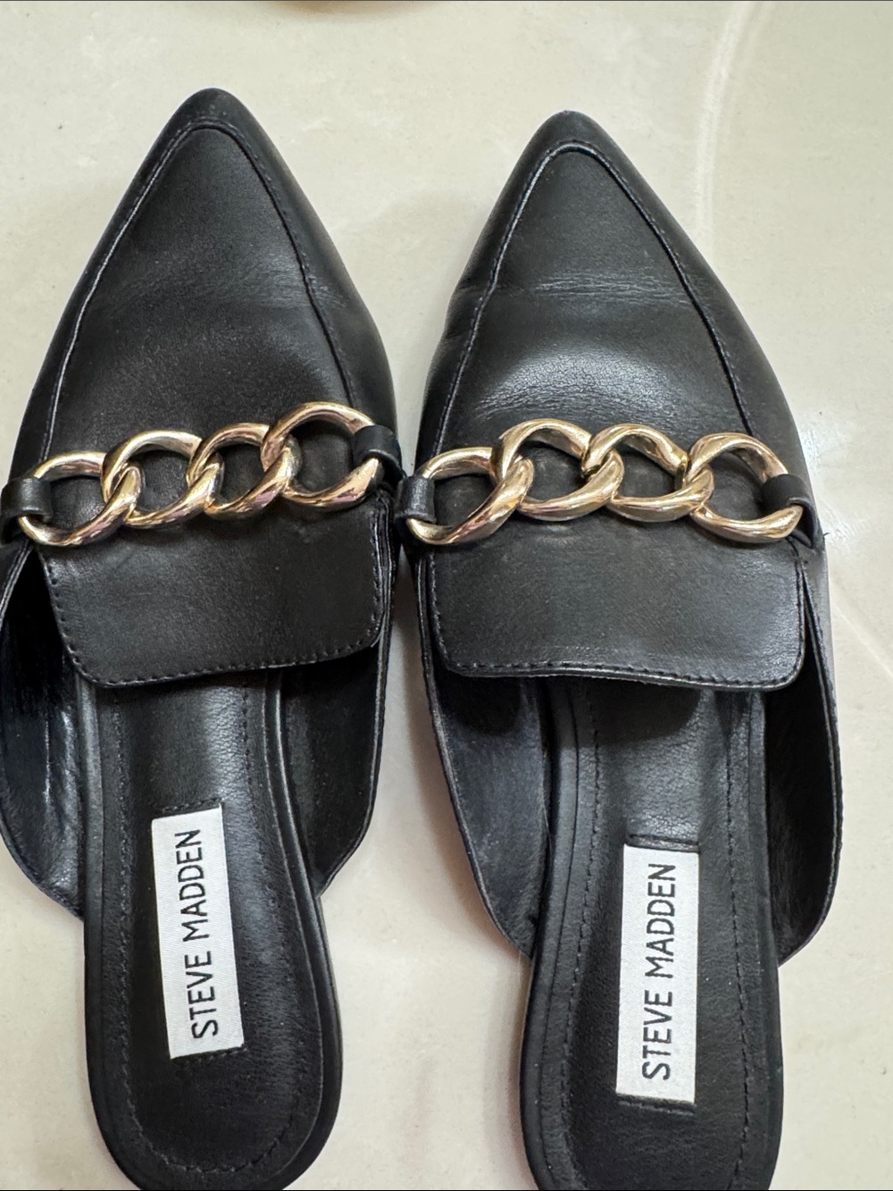 Steve Madden Black Pointed Mules with Gold Chain